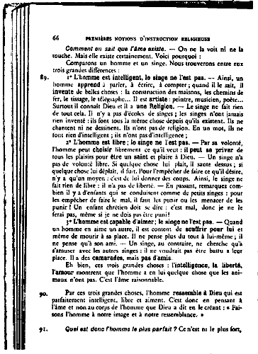 Image de la page d'un livre religieux, faisant une liste de prétendus contrastes entre les humains et les animaux.